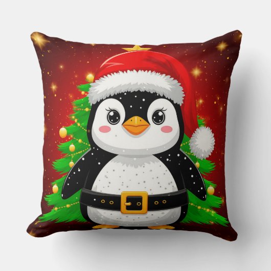 🐧 ペンギンのサンタ クリスマスツリー ホリデー Fun ✨ クッション (正面)