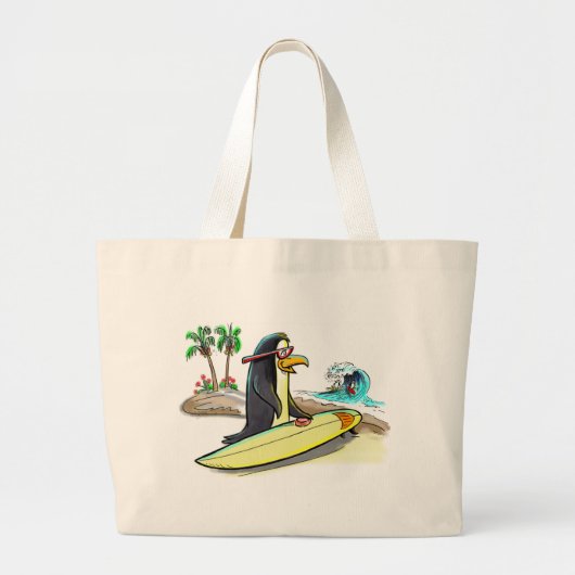 ペンギンのサーファー ラージトートバッグ (正面)
