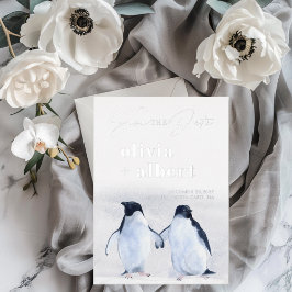 ペンギンのシルバーウインターエレガントな結婚式の予告状 箔招待状