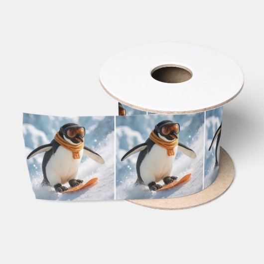 ペンギンのスノーボード急斜面下り サテンリボン (リール)