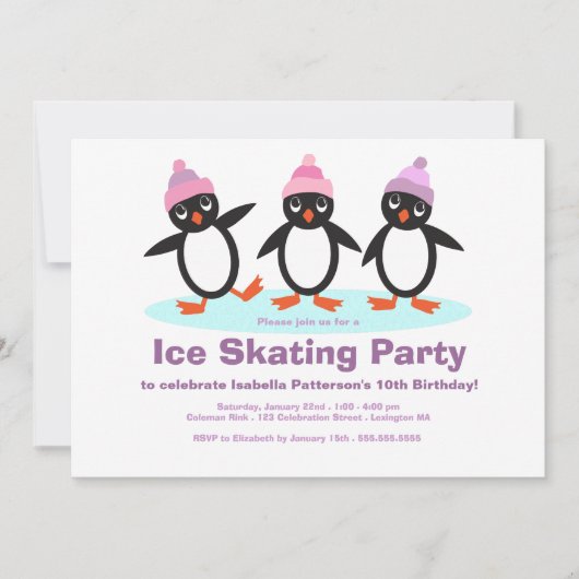 ペンギンのトリオの女の子のアイススケートの誕生会 招待状 (正面)