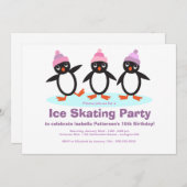 ペンギンのトリオの女の子のアイススケートの誕生会 招待状 (正面/裏面)