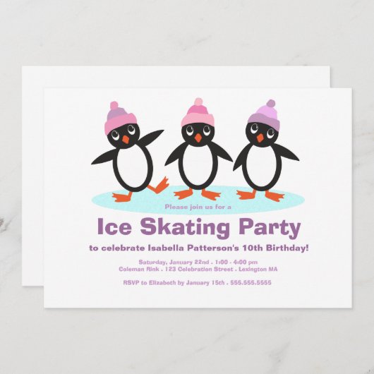 ペンギンのトリオの女の子のアイススケートの誕生会 招待状 (正面/裏面)