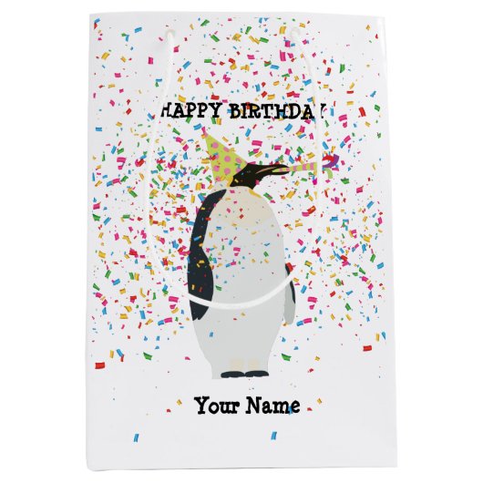 ペンギンのパーティー – 誕生日パーティーの動物 ミディアムペーパーバッグ (正面)