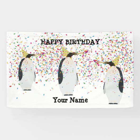 ペンギンのパーティー – 誕生日パーティーの動物 横断幕 (横)