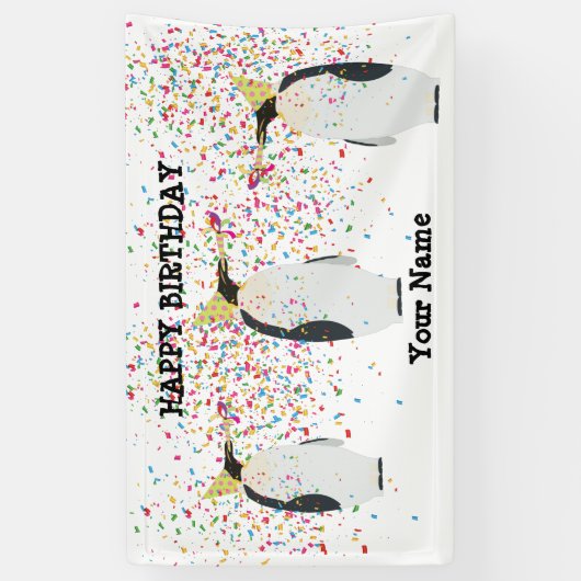 ペンギンのパーティー – 誕生日パーティーの動物 横断幕 (縦)