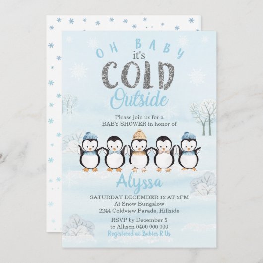 ペンギンのベイビーシャワー招待状 冬のベイビーシャワー 招待状 (正面/裏面)