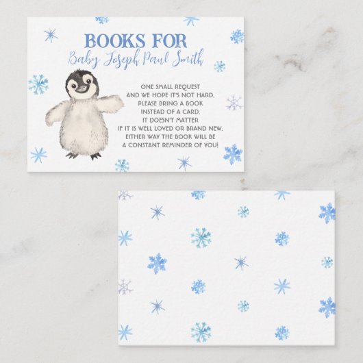 ペンギンのベビー、雪片が本をもたらす エンクロージャーカード (正面/裏面)