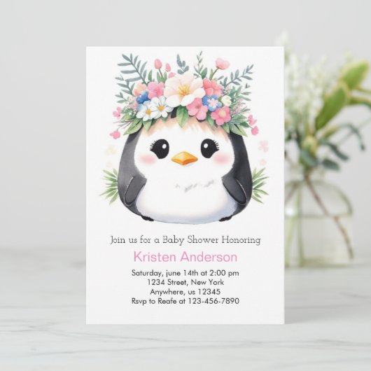 ペンギンのワンダーランドガールピンクの赤ちゃんシャワー 招待状 (スタンド正面)