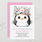 ペンギンのワンダーランドガールピンクの赤ちゃんシャワー 招待状 (正面/裏面)