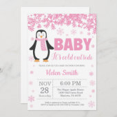 ペンギンの冬のピンクの女の子のベビーシャワーの雪片 招待状 (正面/裏面)