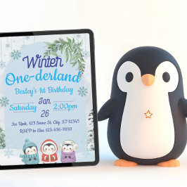 ペンギンの冬のワンダーランド 初めての誕生日 招待状