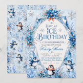 ペンギンの冬の誕生日パーティー 招待状 (正面/裏面)