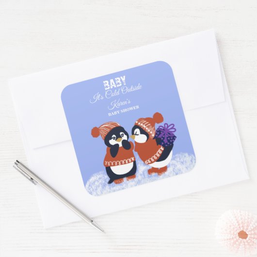 ペンギンの冬の雪の誕生日ベビーシャワー寒いデザイン スクエアシール (封筒)