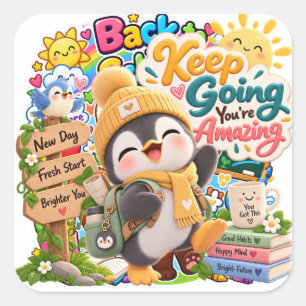ペンギンの励ましステッカー「すごいあなたへ、がんばって!」 スクエアシール