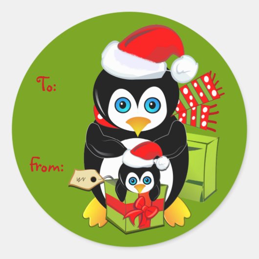 ペンギンの可愛い漫画クリスマスステッカー ラウンドシール (正面)