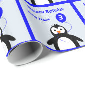 ペンギンの名前を追加する3番目の誕生日の青 ラッピングペーパー (ロールコーナー)