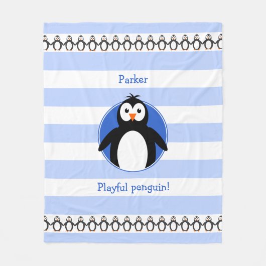 ペンギンの名前を青い白いストライプ フリースブランケット (正面)