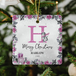 ペンギンの子供の名前モノグラムクリスマス セラミックオーナメント