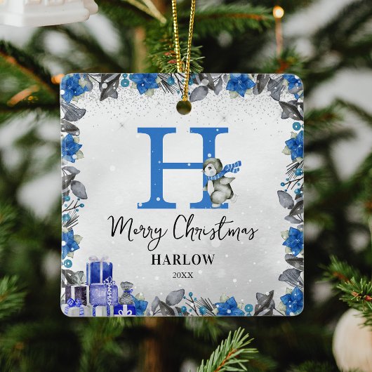 ペンギンの子供の名前モノグラムクリスマス セラミックオーナメント
