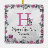 ペンギンの子供の名前モノグラムクリスマス セラミックオーナメント (正面)