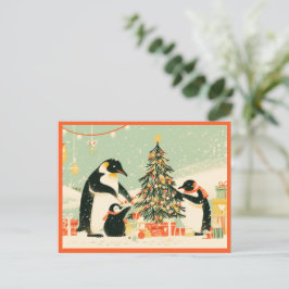 ペンギンの家族でクリスマスツリーを飾るポストカード シーズンポストカード