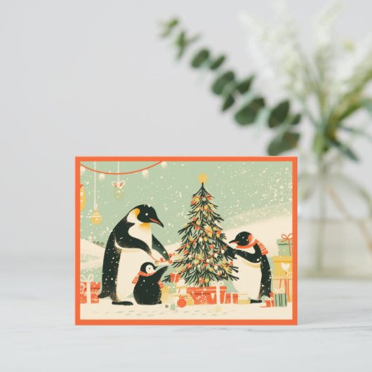 ペンギンの家族でクリスマスツリーを飾るポストカード シーズンポストカード (スタンド正面)
