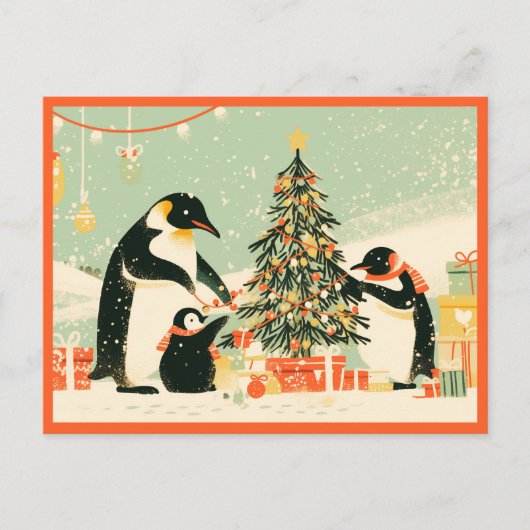 ペンギンの家族でクリスマスツリーを飾るポストカード ポストカード (正面)