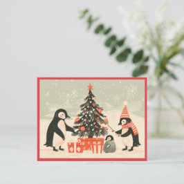 ペンギンの家族でクリスマスツリーを飾る シーズンポストカード