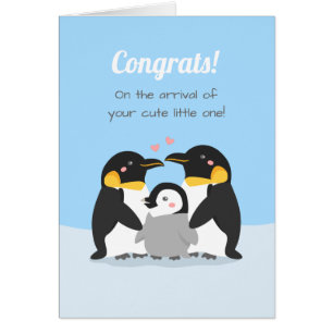 ペンギンの家族とひなの誕生お祝いグリーティング