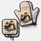 ペンギンの家族の冬のオーダーメイドデザイン 鍋つかみ&鍋敷きセット (正面/裏面)