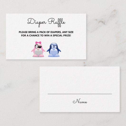 ペンギンの性別が明らかに赤ちゃんシャワーおむつラッフル エンクロージャーカード (正面/裏面)