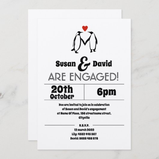 ペンギンの愛のエンゲージメント招待状 招待状 (正面/裏面)