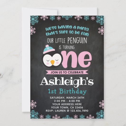 ペンギンの最初誕生日の招待状の黒板 招待状 (正面)