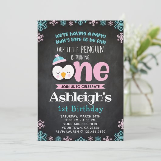 ペンギンの最初誕生日の招待状の黒板 招待状 (スタンド正面)