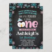 ペンギンの最初誕生日の招待状の黒板 招待状 (正面/裏面)