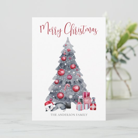 ペンギンの水彩赤い黒いメリークリスマス シーズンカード (スタンド正面)