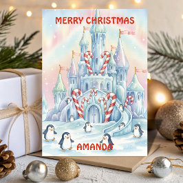 ペンギンの氷の城の子供用クリスマスカード シーズンカード