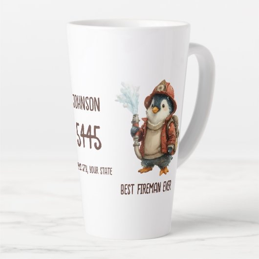 ペンギンの消防士の冬ギフトマグカップ(名入れ可) カフェラテマグ (右アングル)
