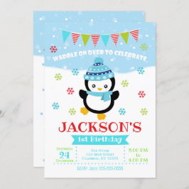 ペンギンの男の子の誕生日招待状 / 歩いてお越しください 招待状