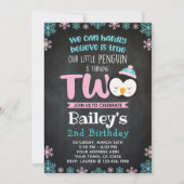 ペンギンの第2誕生日の招待状の黒板 招待状 (正面)