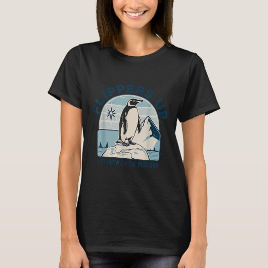 ペンギンの群れに立つフリッパーおもしろい Tシャツ (正面)
