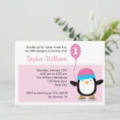 ペンギンの誕生日の招待状-女の子のピンク(冬) 招待状 (スタンド正面)