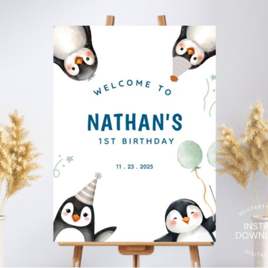 ペンギンの誕生日ウェルカムサイン ポスター
