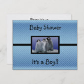 ペンギンの赤ちゃん歓迎会 男の子 招待状 (正面/裏面)