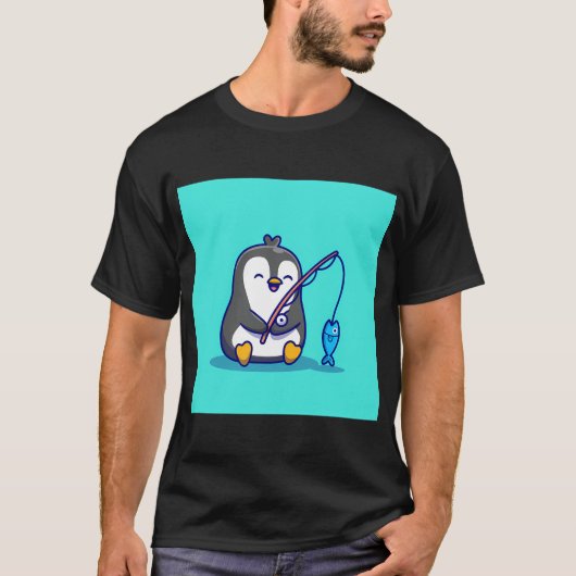 ペンギンの釣り人 釣り竿 魚 Tシャツ (正面)
