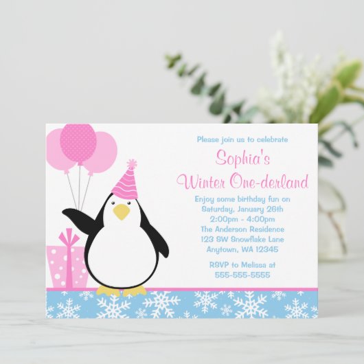 ペンギンの青い雪片の冬のOnederlandの誕生日 招待状