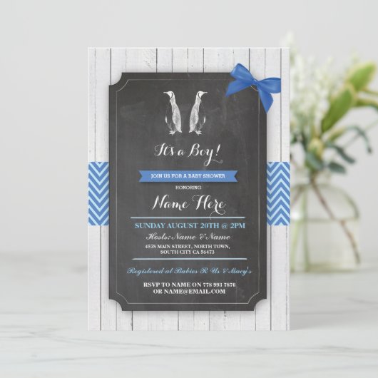 ペンギンの青色児のブライダル・シャワーの男の子の木製の招待 招待状 (スタンド正面)