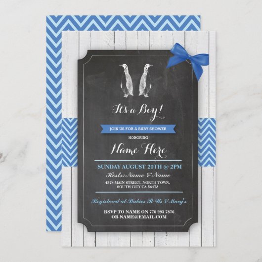 ペンギンの青色児のブライダル・シャワーの男の子の木製の招待 招待状 (正面/裏面)