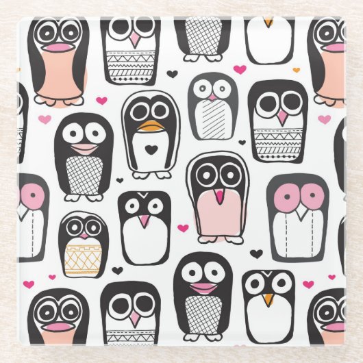 ペンギンの鳥のイラストレーションの背景 ガラスコースター (正面)